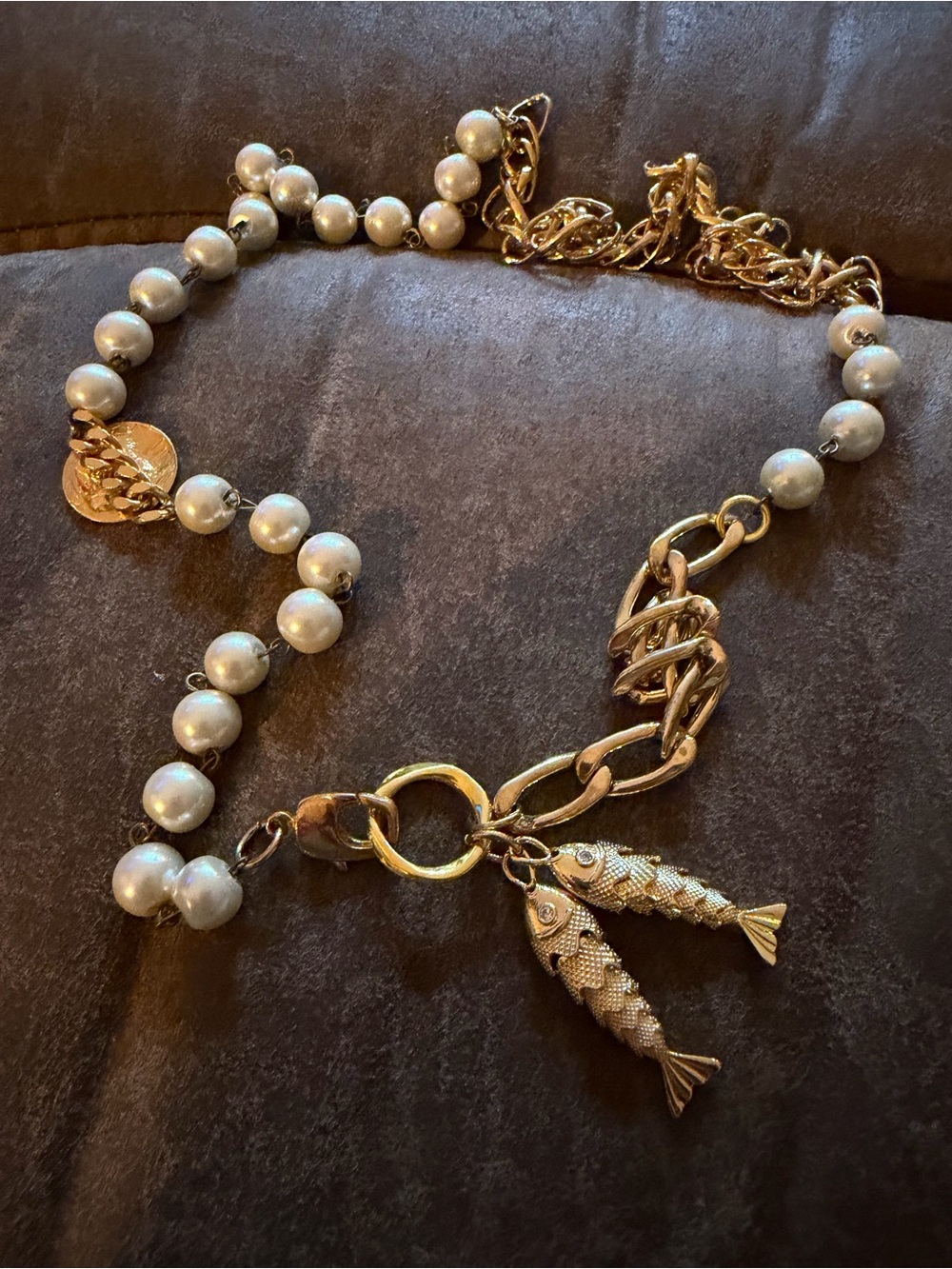 Vintage Gold and Pearlescent Bead Necklace with Fish Charms